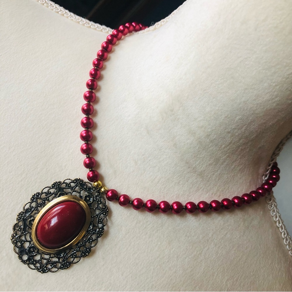 Handcrafted repurpose red cabochon filigree pendant Czech glass Pearl necklace